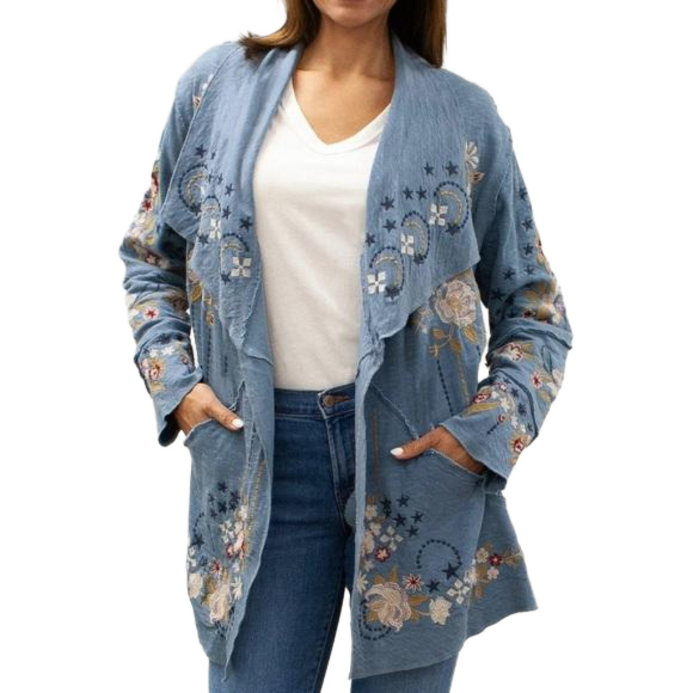 Embroidered Open-Front Blue Women's Jacket